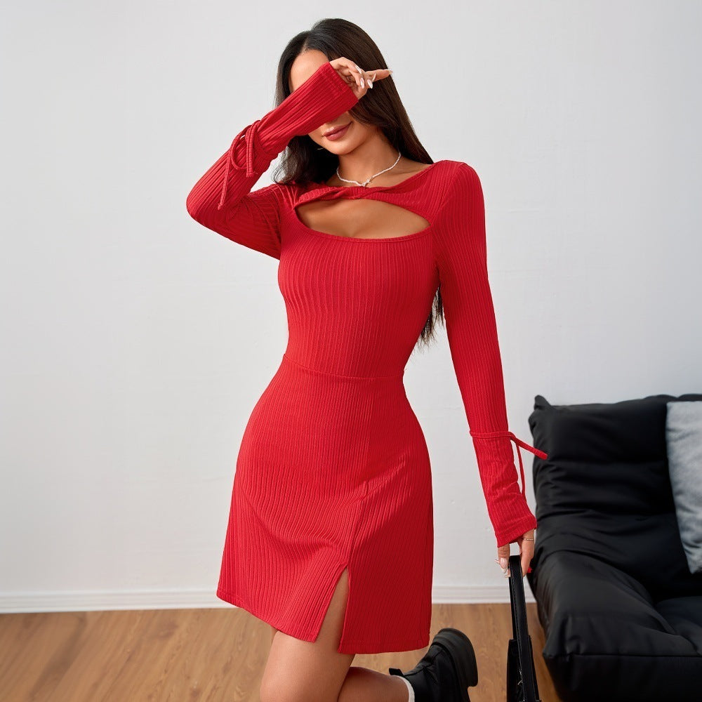 Red Long Sleeve Cutout Bodycon Mini Dress