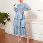Lace Ruffle Crew-Neck Lantern-Sleeve A-Line Maxi Dress