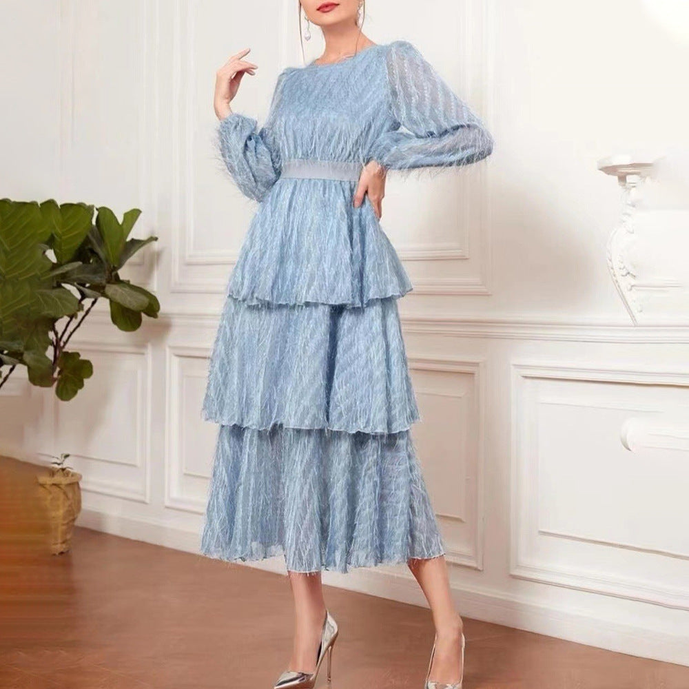 Lace Ruffle Crew-Neck Lantern-Sleeve A-Line Maxi Dress