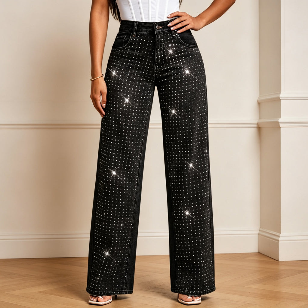 Women's Black Rhinestone Wide-Leg Jeans