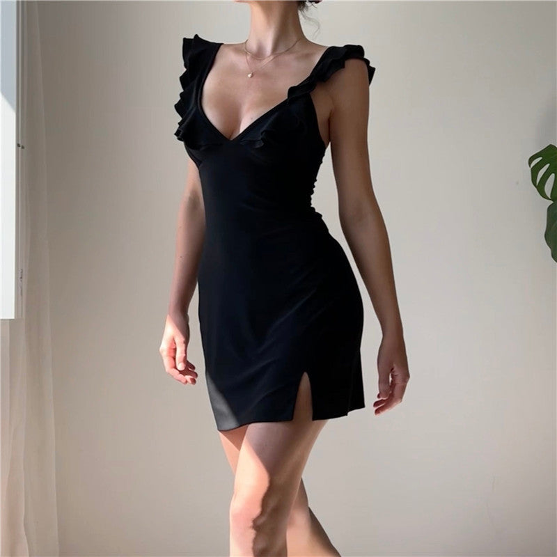 Women's White V-Neck Ruffle Mini Vacation Dress