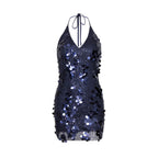 Women's Halter Sequin Backless Tie Sleeveless Bodycon Mini Dress
