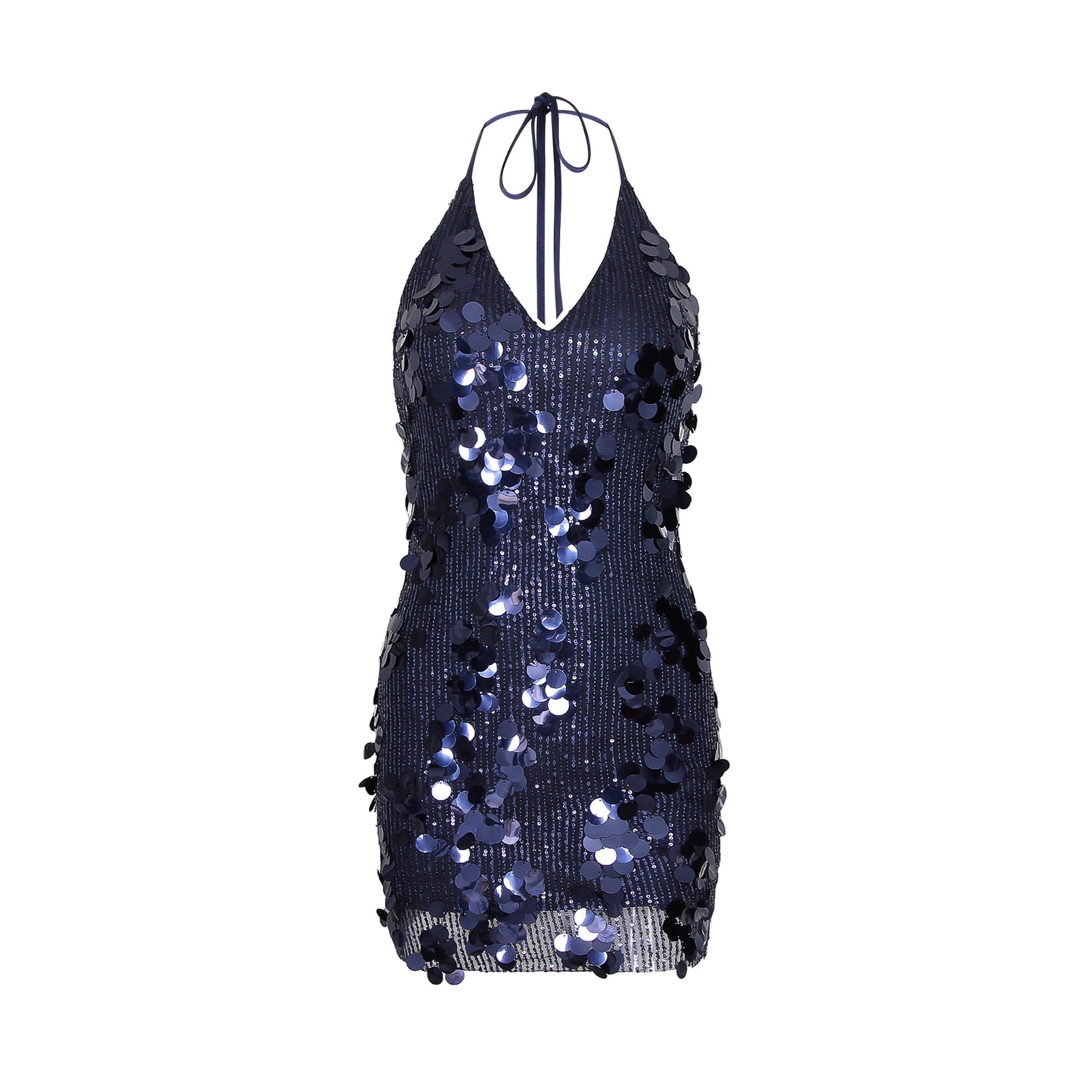 Women's Halter Sequin Backless Tie Sleeveless Bodycon Mini Dress