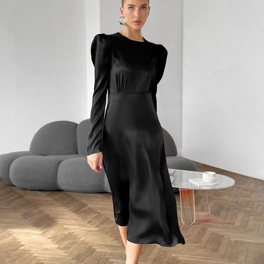 Black Satin Puff-Sleeve Office Dress