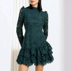 Stand Collar Long Sleeve Embroidered Floral Mesh Short