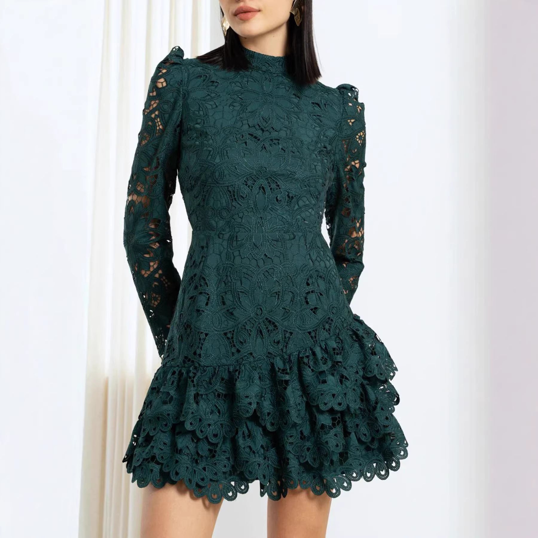 Stand Collar Long Sleeve Embroidered Floral Mesh Short