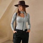 Women's Early Autumn Niche Irregular Asymmetric Button Design Streamer Long Sleeve Knitted Cardigan High Grade T Shirt