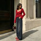 Women's Retro Red Square-Neck Ruffle Top