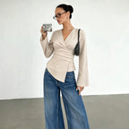 V neck Cross Waist-Controlled Long Sleeves Top Women Bell