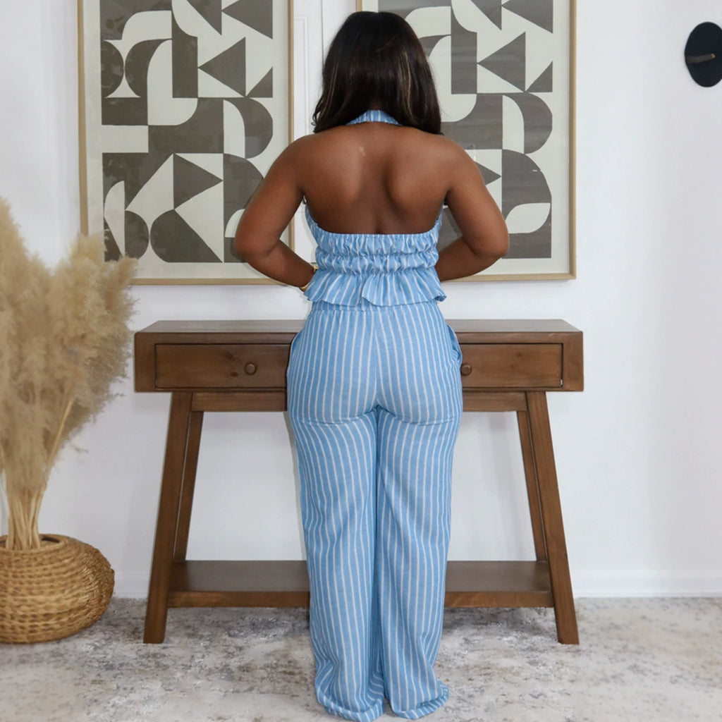 Elegant Office Halter Lace up Backless Two Piece Set