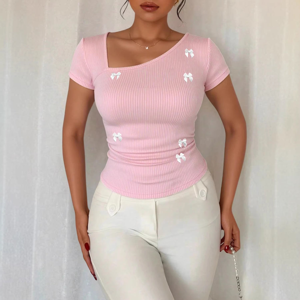 Women's Bow Detail Asymmetric Short Sleeve Top