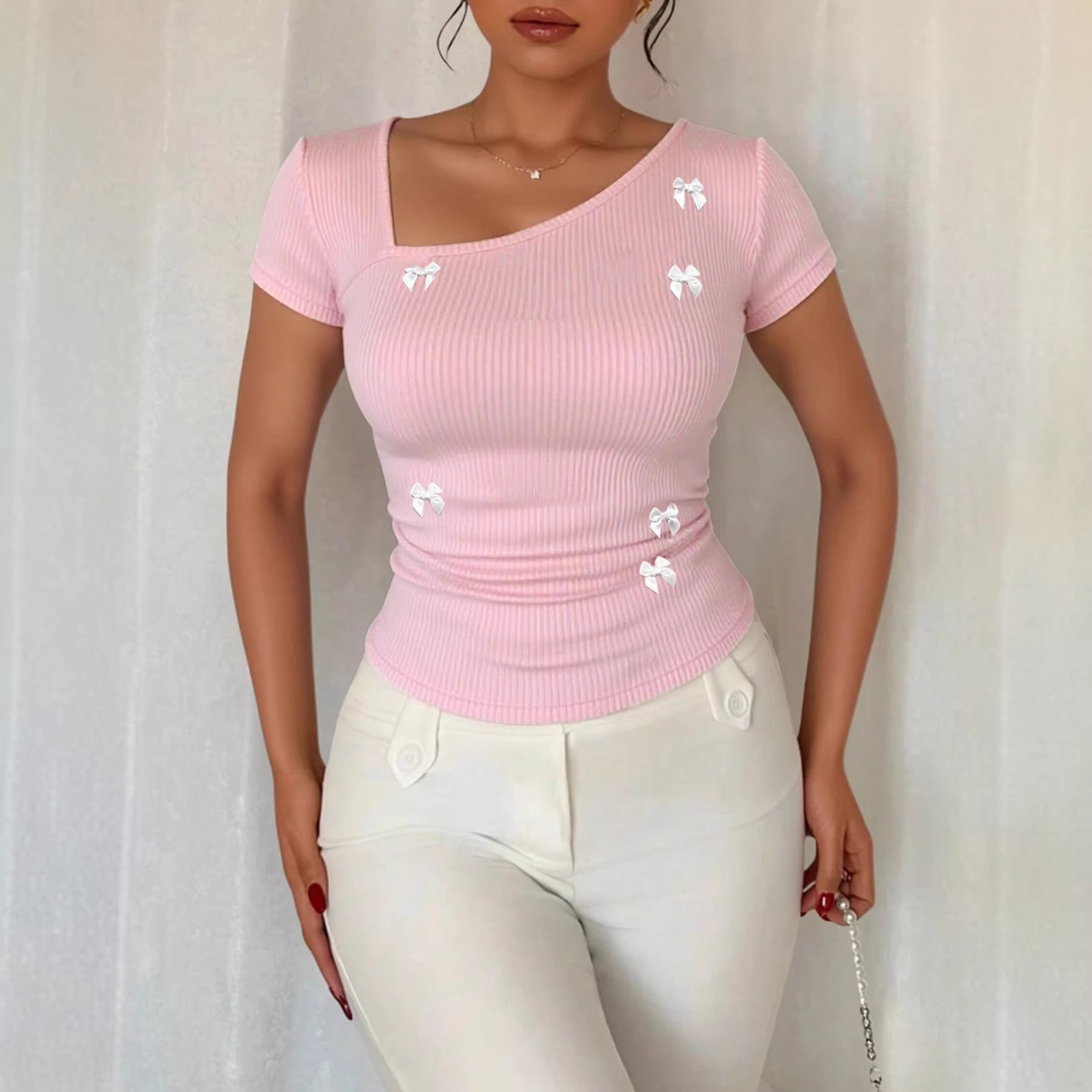Women's Bow Detail Asymmetric Short Sleeve Top