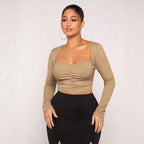 Retro Square Collar Long Sleeve T Shirt Pleating Slimming