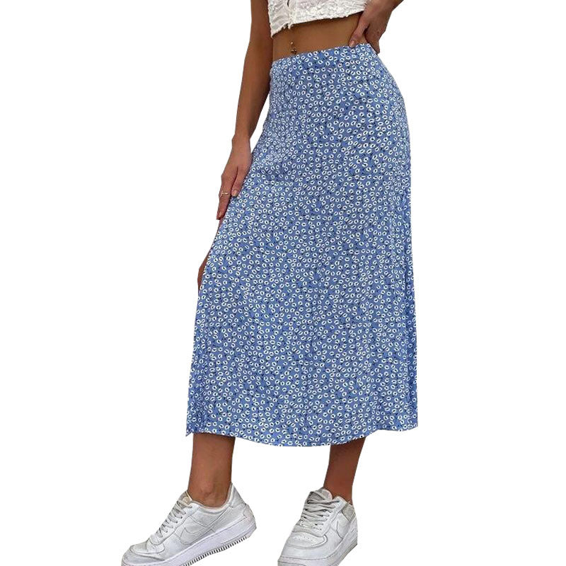 Summer Floral Split A- Line Sheath Mid-Waist Skirt