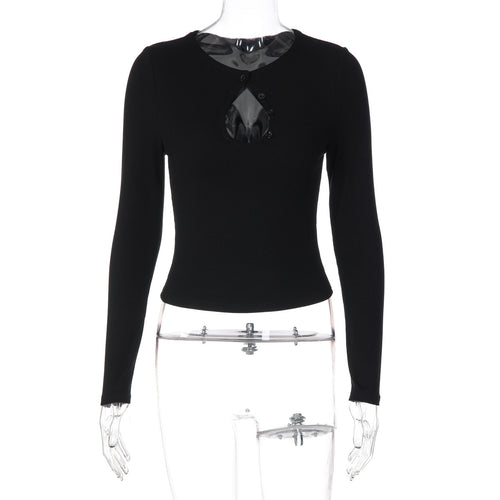 Black long-sleeve button henley top on mannequin with V-neck