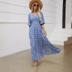 Floral V-Neck Lantern-Sleeve Split A-Line Maxi Dress