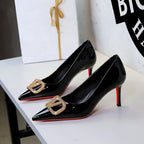 Red Background Gold Rhinestone V Buckle Pointed High Grade Patent Leather