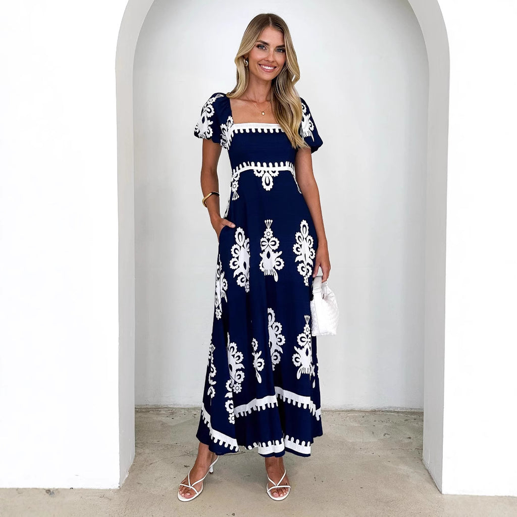 Women's Summer Women Clothing Vacation Printed Beach Dress Smocking Dress Women
