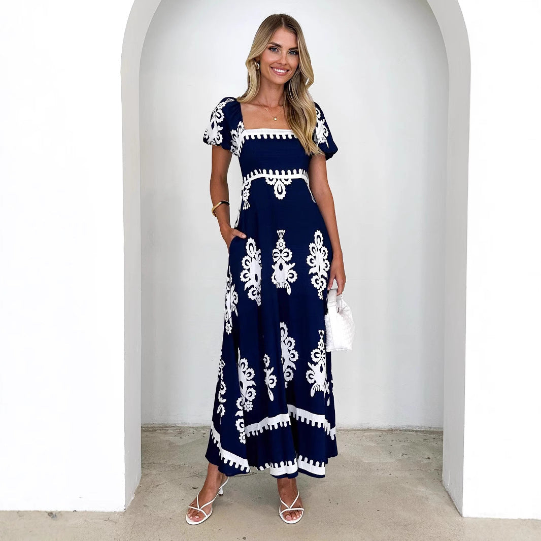 Women's Summer Women Clothing Vacation Printed Beach Dress Smocking Dress Women