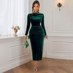 Women's Dark Green Velvet Ruched Maxi Dress