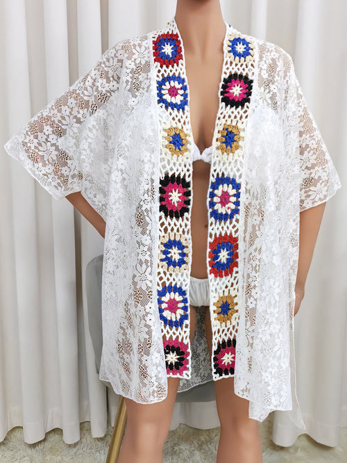 White lace beach cover-up with V-neck and multicolor floral border trim