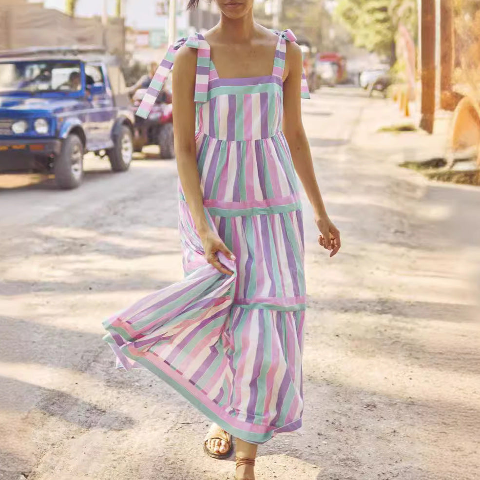 Women's Sling Vacation Double Shoulder Lace Up Striped Dress