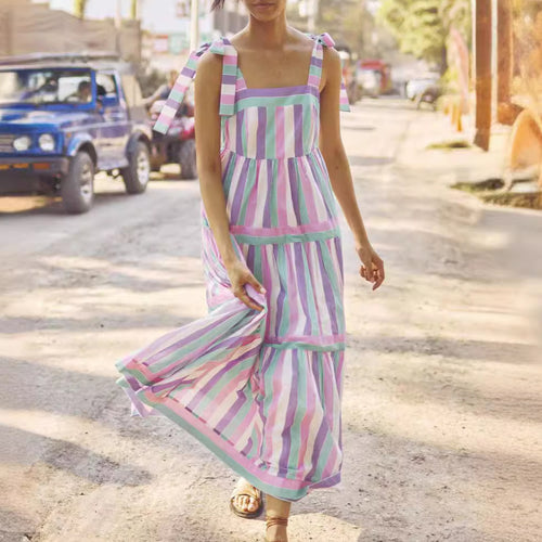 Sling Vacation Dress Double Shoulder Lace up Striped Contrast Color Dress Casual Color Matching Dress