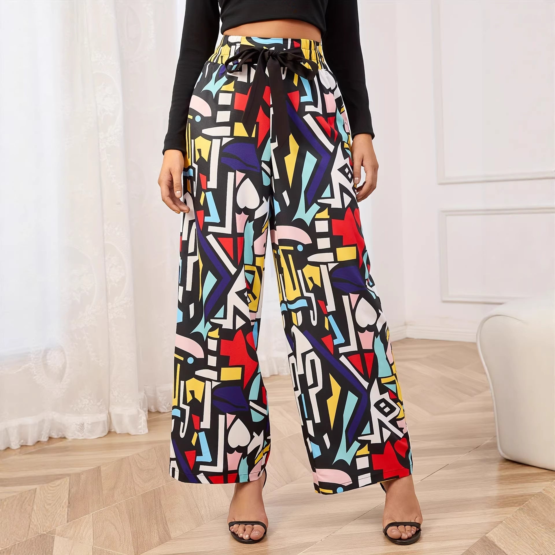 Multicolor abstract graffiti wide-leg pants with elastic waistband and full length