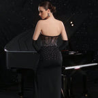 Sleeveless Retro Rhinestone Performance Evening Dress Sexy Backless Semi Transparent Elegant Split Tube Top Dress