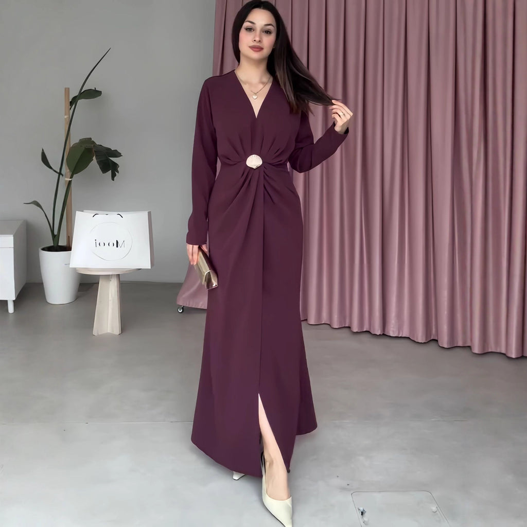 V-Neck Pleated Waist Dress