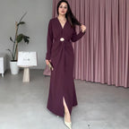 V-Neck Pleated Waist Dress