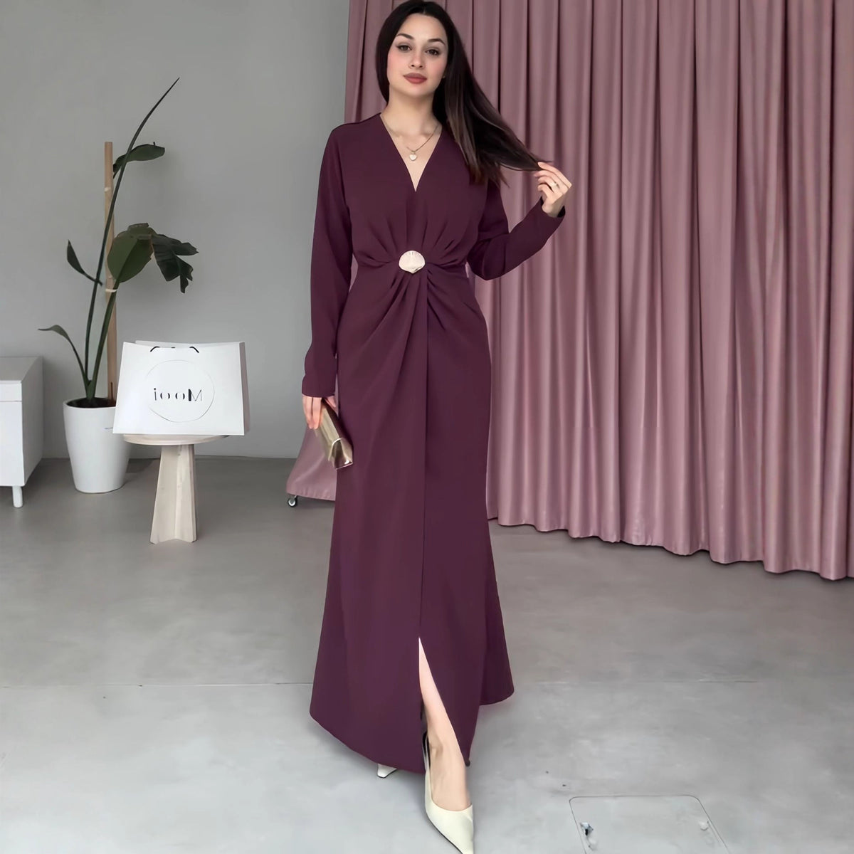 V-Neck Pleated Waist Dress