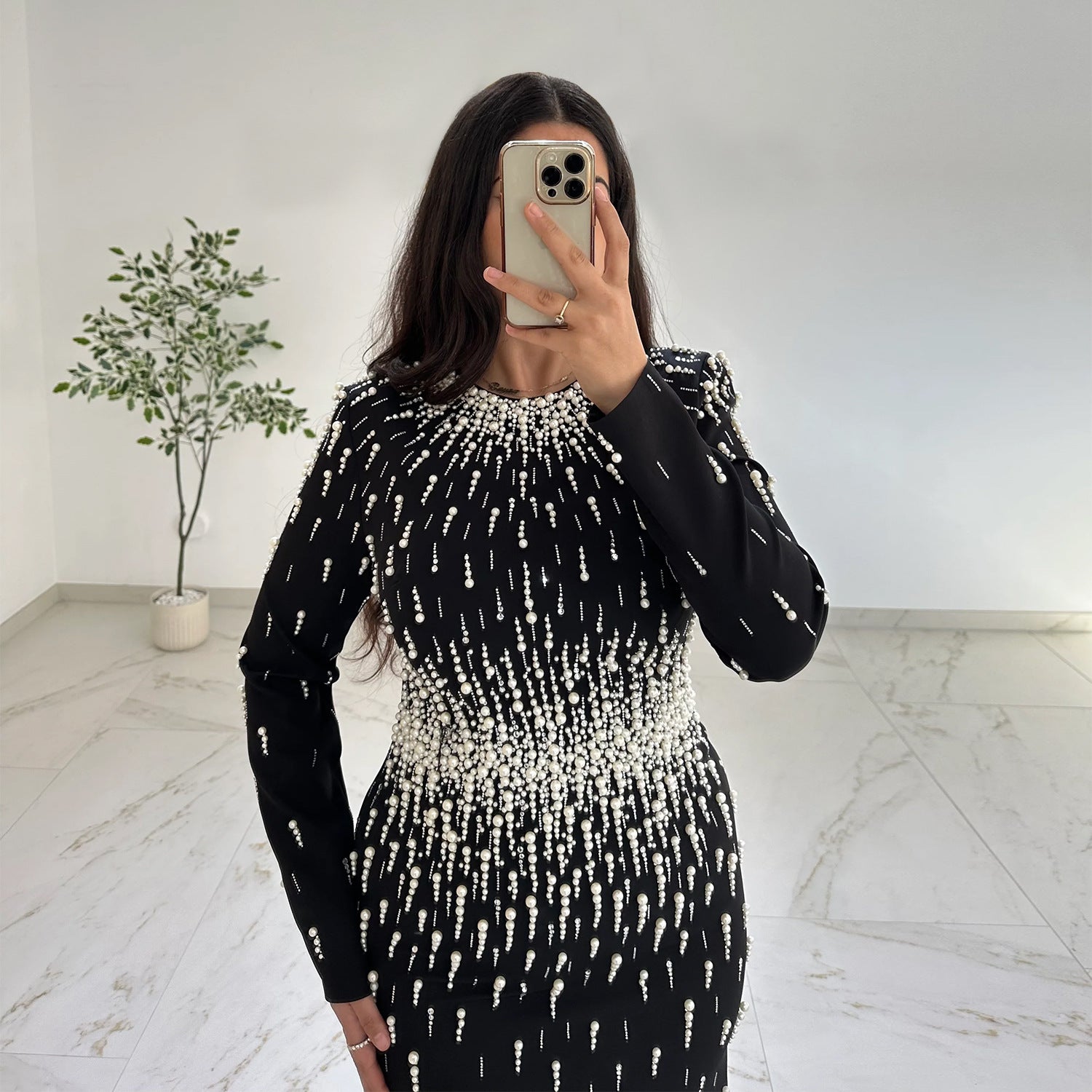 Rhinestone Beaded Long Sleeve Slit Maxi Dress