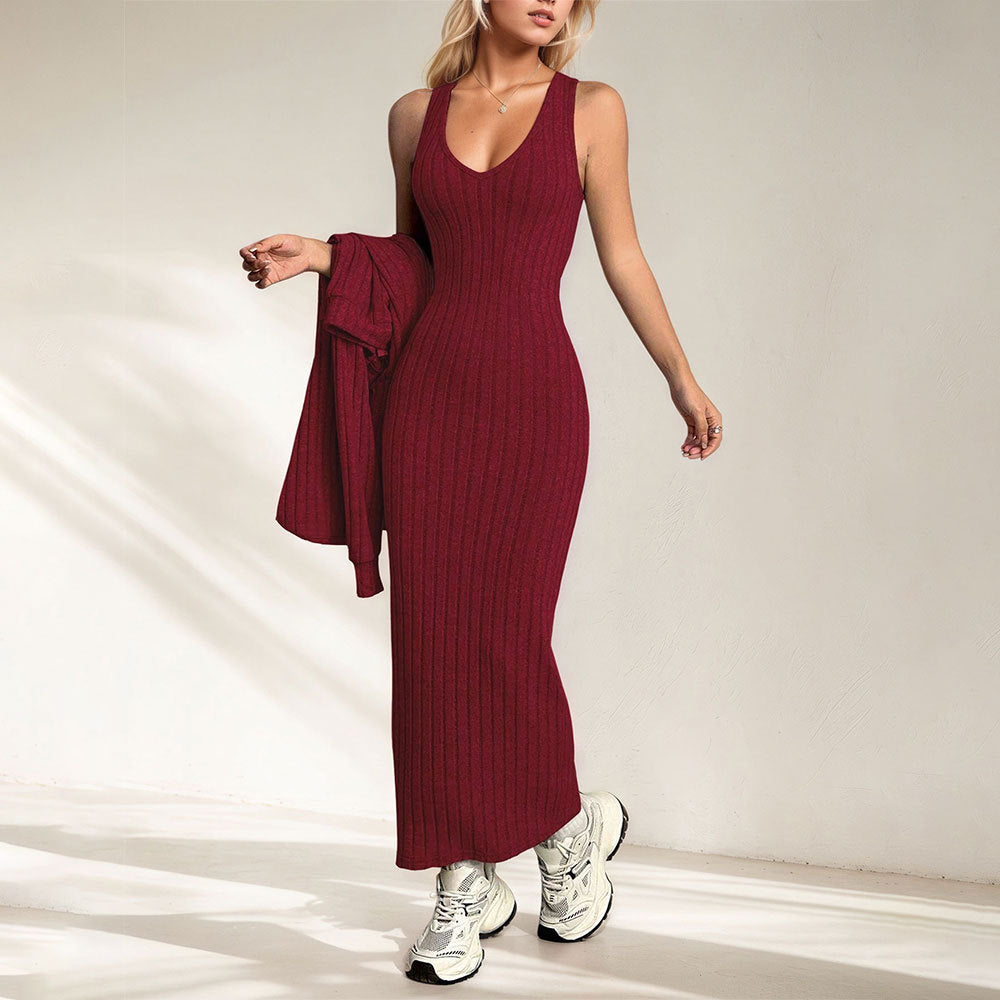 Women's Women Solid Color Office Lightly Mature Knitted Cami Dress Two Piece Set