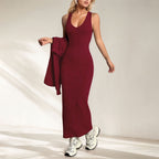 Women's Women Solid Color Office Lightly Mature Knitted Cami Dress Two Piece Set