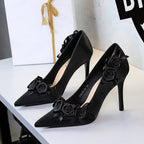 Women's Black Satin Rose Bow Stiletto Heels