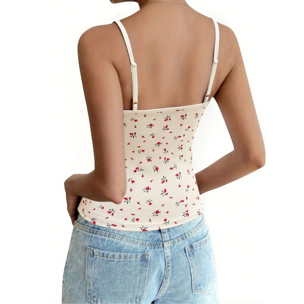 Women's Summer French V neck Floral Printed Backless Top Sleeveless Vest