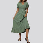 Green V-Neck Smocked Dress