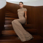 Women's Women Clothing Autumn Winter Elegant Sexy Slim Hollow Out Cutout Pleated Turtleneck Solid Color Dress