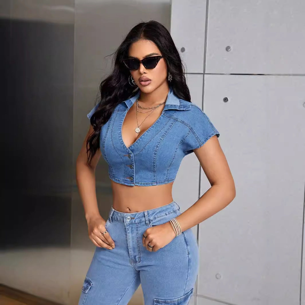 Women's Low Cut Collared Denim Crop Top