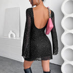 Women's Crew-Neck Sequin Mesh Backless Long-Sleeve A-Line Mini Dress