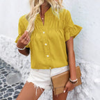 Women's Shirt Button Solid Color Cotton Linen Stand Collar Shirt