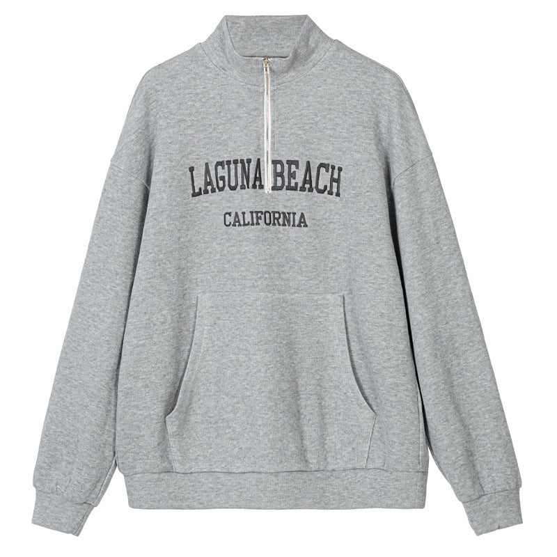 Women's Casual Spring Pullover Sweatshirt Letter Graphic Embroidery Zipper Pullover Baggy