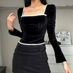 Women's Fall Women Clothing Sexy Square Collar Plush Wooden Ear Backless Lace Up Long Sleeve Top
