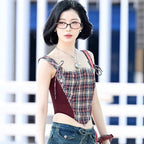 Women's Retro Sweet Spicy Color Matching Plaid Irregular Asymmetric Spaghetti Strap Niche Design Off Neck Waist Trimming Short Vest Top