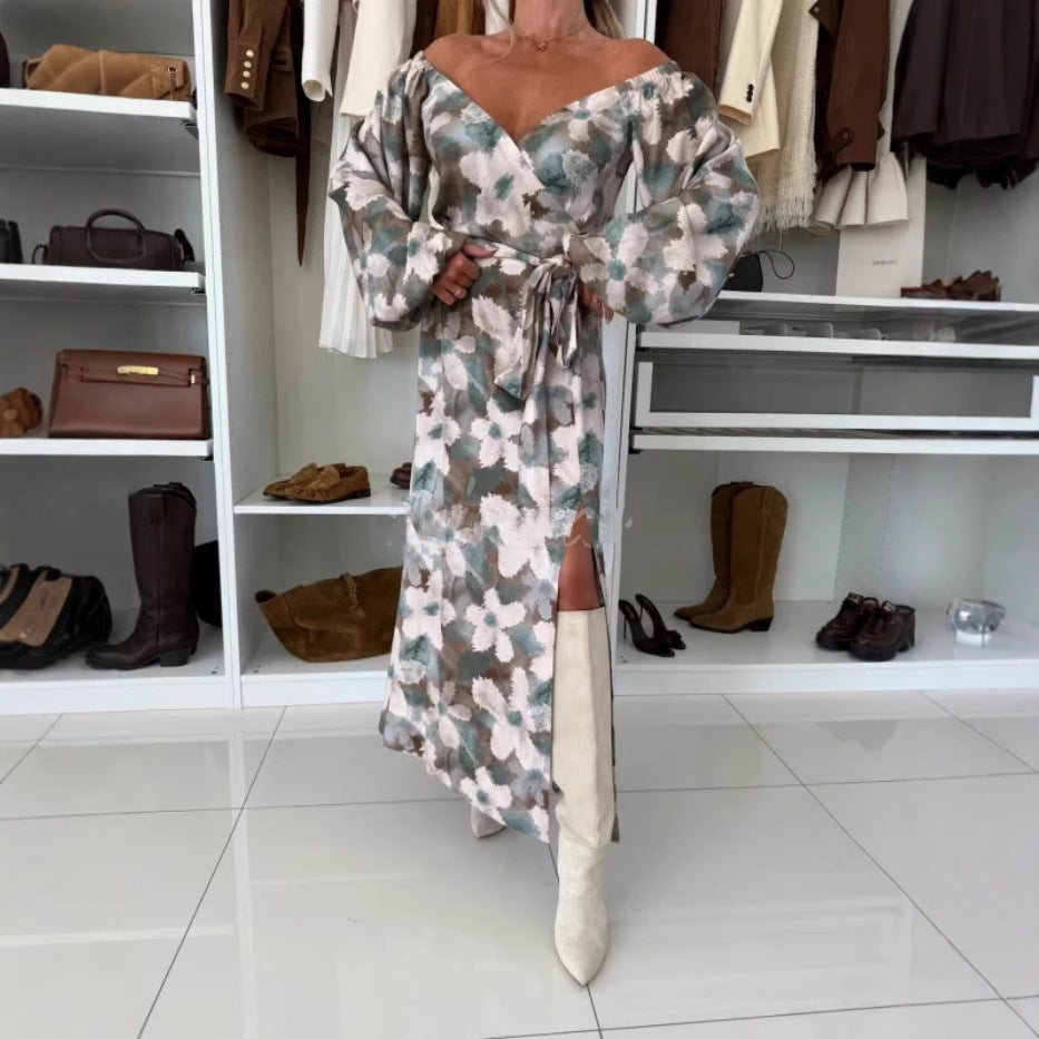 Winter Printed Hem Slit Long-Sleeve Dress