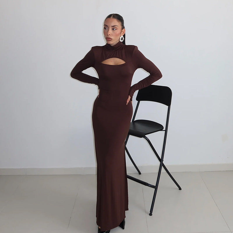 Women's Mock Neck Cutout Long-Sleeve Maxi Dress