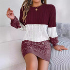 Autumn Winter Casual Color Matching Twist Lantern Sleeve Woolen Dress