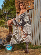 Black lace cardigan with white floral print, open front, long flowing hem