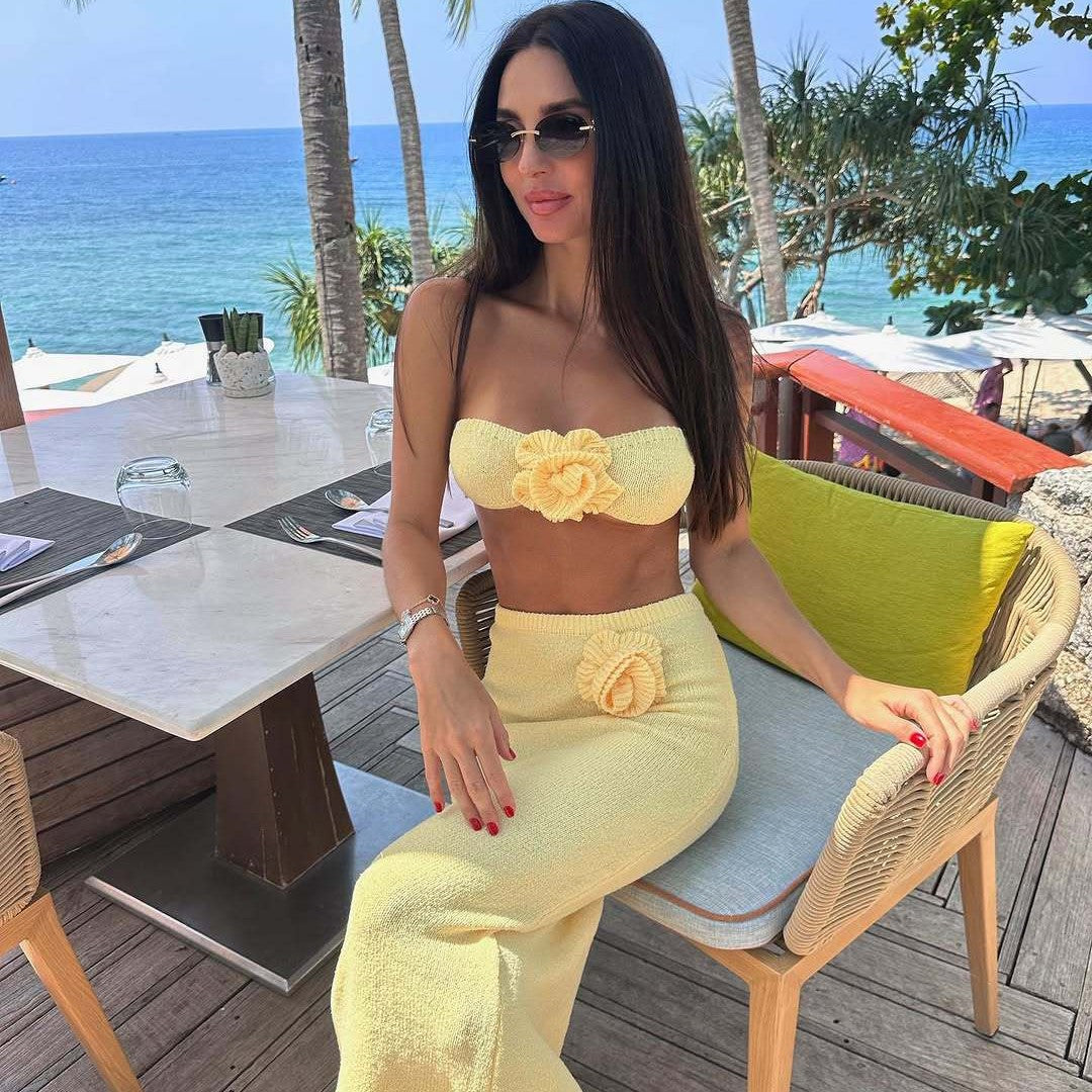 Women's Tube Knitted Hollow Out Top and Skirt Two-Piece Set